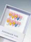 D510 - Medium Pink Yellow Almond French tip Flower Dot Pattern VibeNailsLab