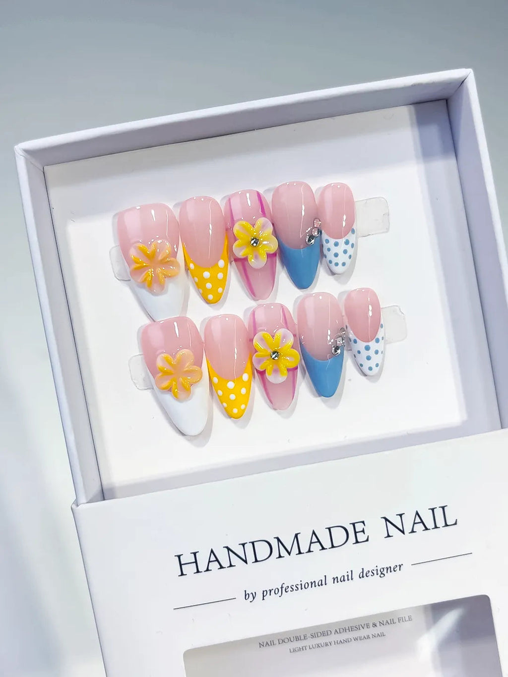 D510 - Medium Pink Yellow Almond French tip Flower Dot Pattern VibeNailsLab