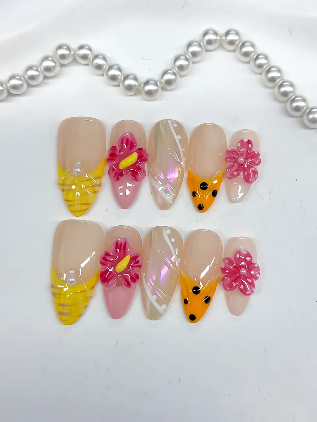 D513 - Medium Nude Yellow Almond Holographic Flower Dot Pattern