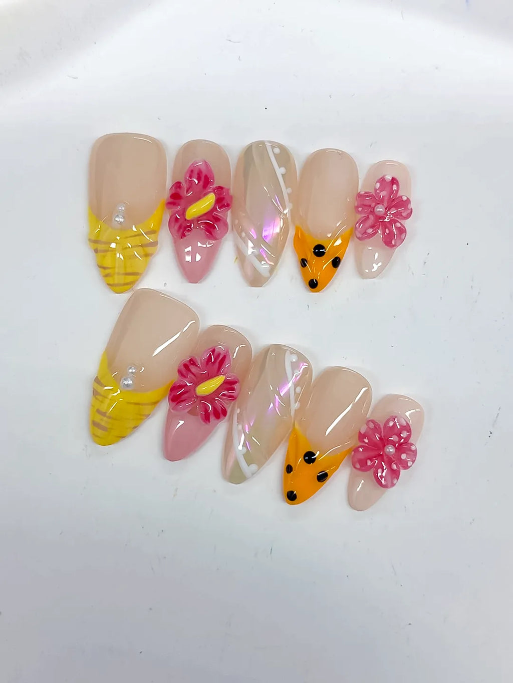 D513 - Medium Nude Yellow Almond Holographic Flower Dot Pattern