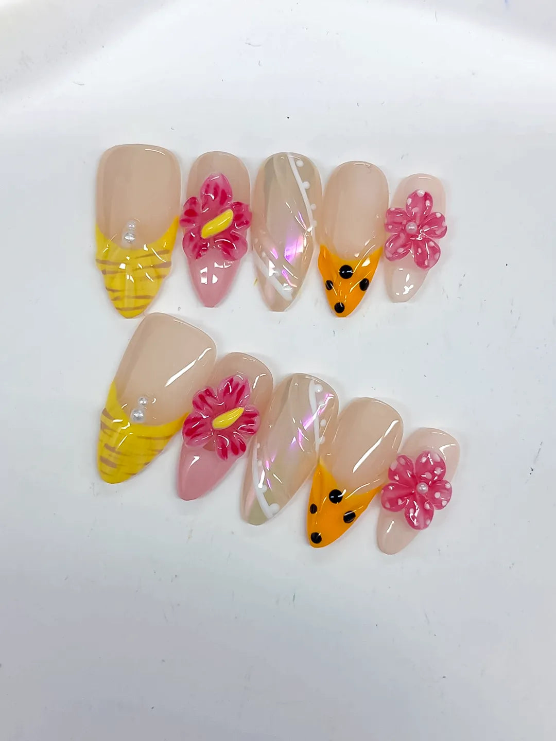 D513 - Medium Nude Yellow Almond Holographic Flower Dot Pattern