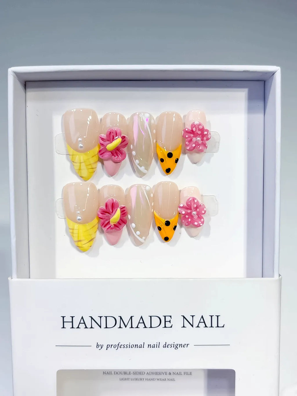 D513 - Medium Nude Yellow Almond Holographic Flower Dot Pattern