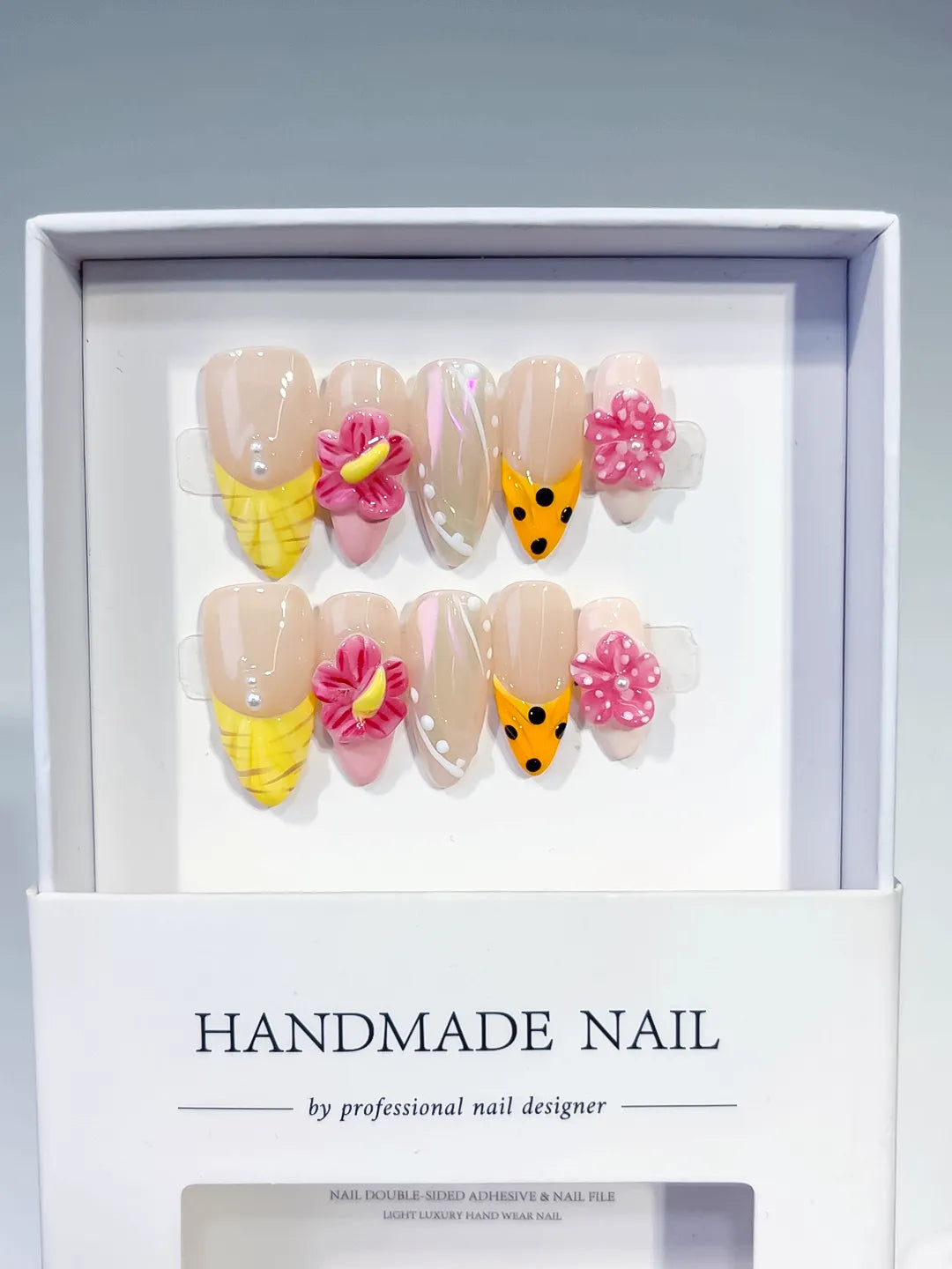 D513 - Medium Nude Yellow Almond Holographic Flower Dot Pattern
