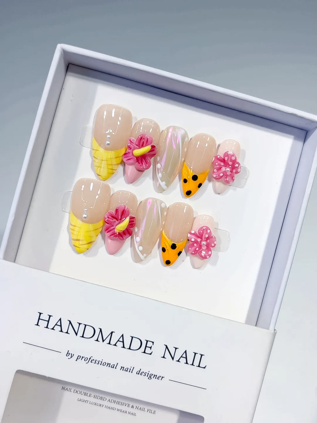 D513 - Medium Nude Yellow Almond Holographic Flower Dot Pattern
