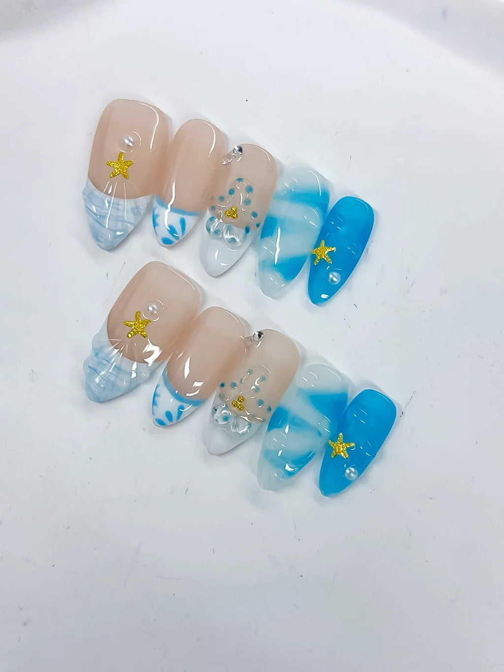 D514 - Medium Nude Blue Almond French tip Star Rhinestone