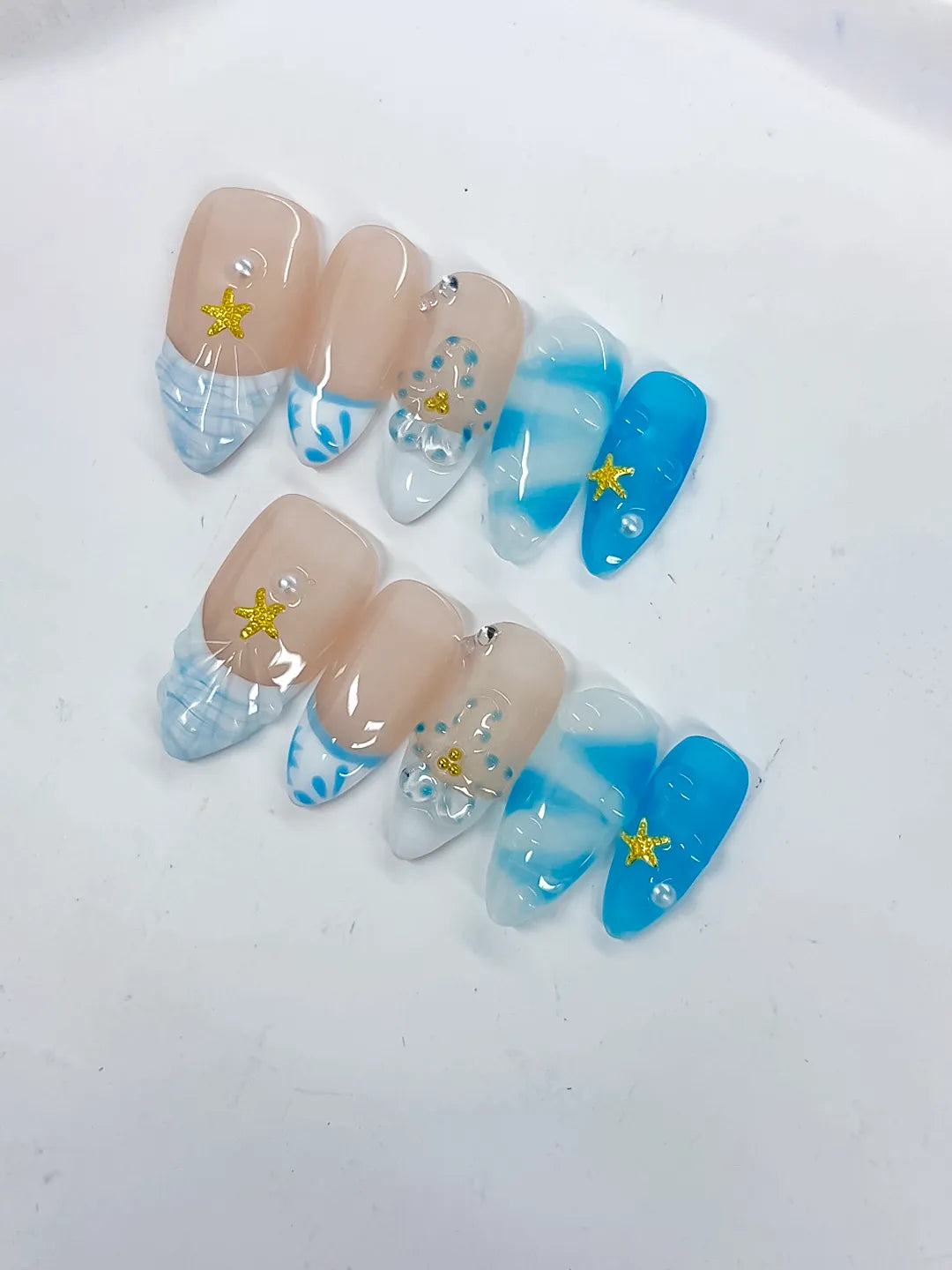 D514 - Medium Nude Blue Almond French tip Star Rhinestone