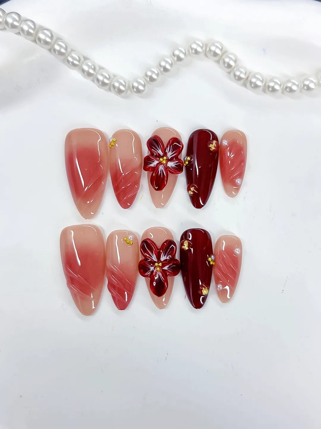 D515 - Medium Pink Red Almond Ombre Flower Stud VibeNailsLab