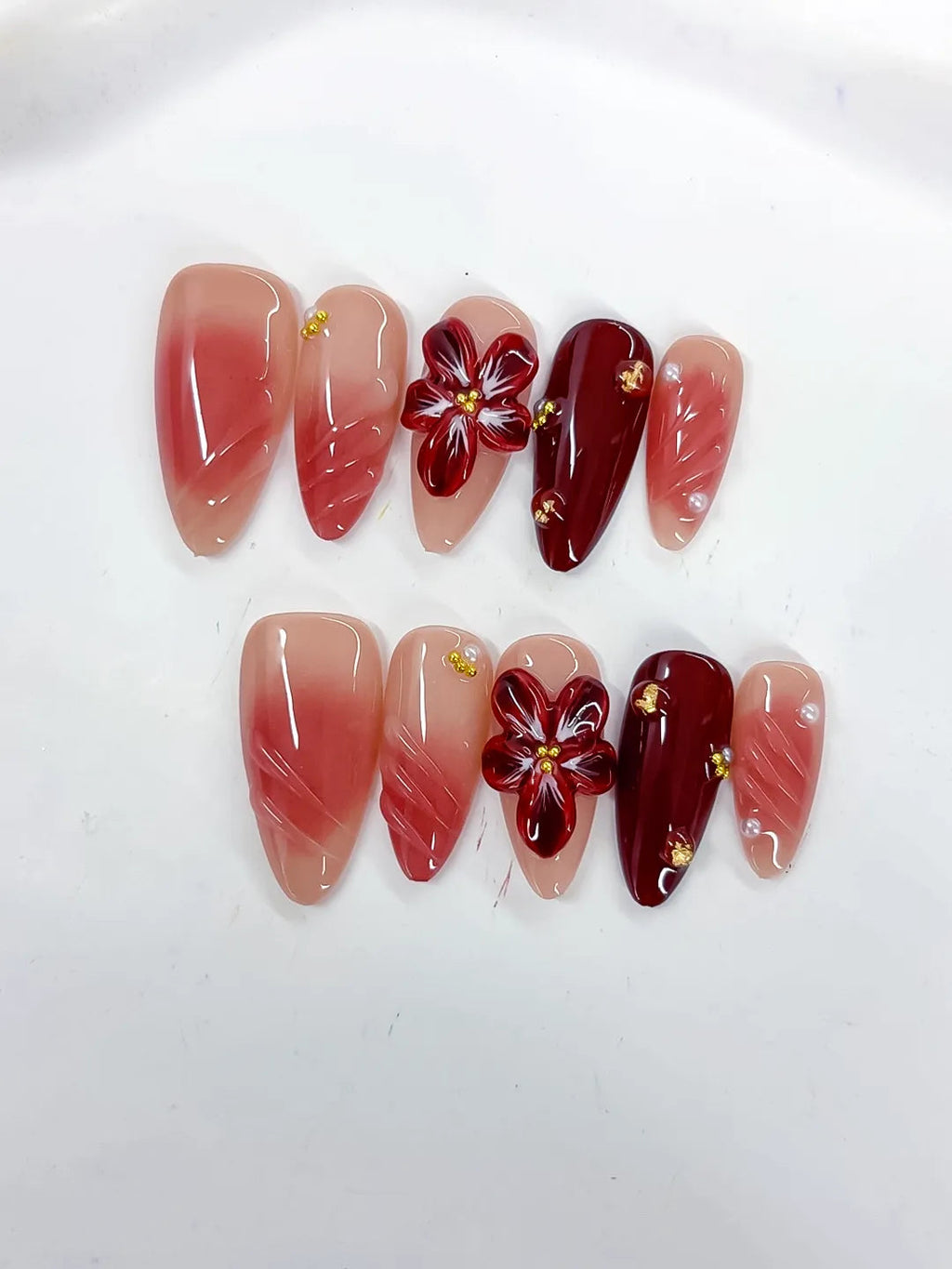 D515 - Medium Pink Red Almond Ombre Flower Stud VibeNailsLab