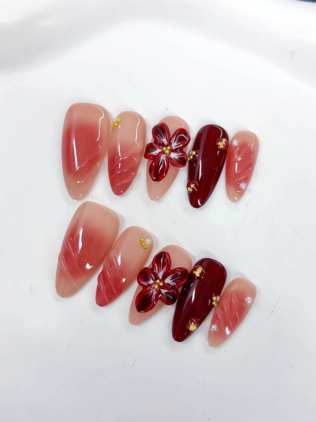 D515 - Medium Pink Red Almond Ombre Flower Stud VibeNailsLab