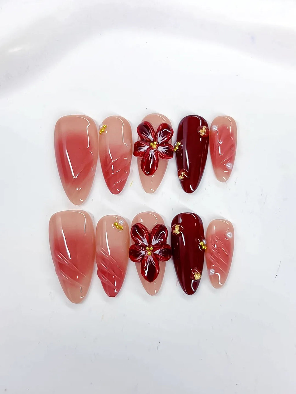 D515 - Medium Pink Red Almond Ombre Flower Stud VibeNailsLab
