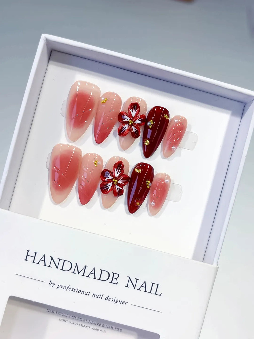 D515 - Medium Pink Red Almond Ombre Flower Stud VibeNailsLab