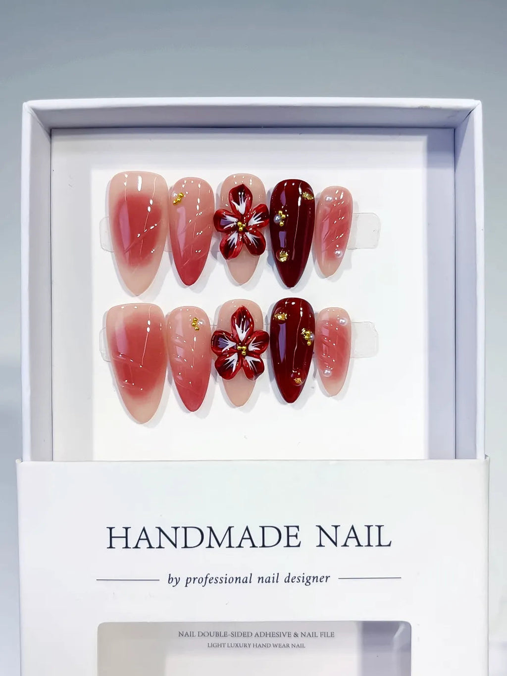 D515 - Medium Pink Red Almond Ombre Flower Stud VibeNailsLab