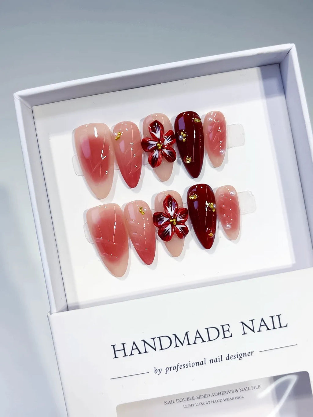 D515 - Medium Pink Red Almond Ombre Flower Stud VibeNailsLab