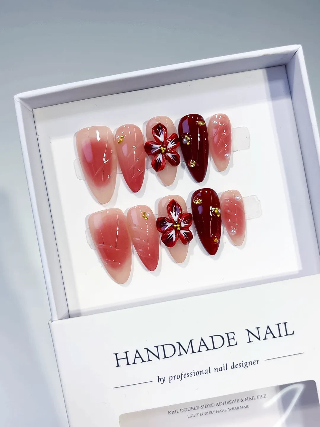 D515 - Medium Pink Red Almond Ombre Flower Stud VibeNailsLab