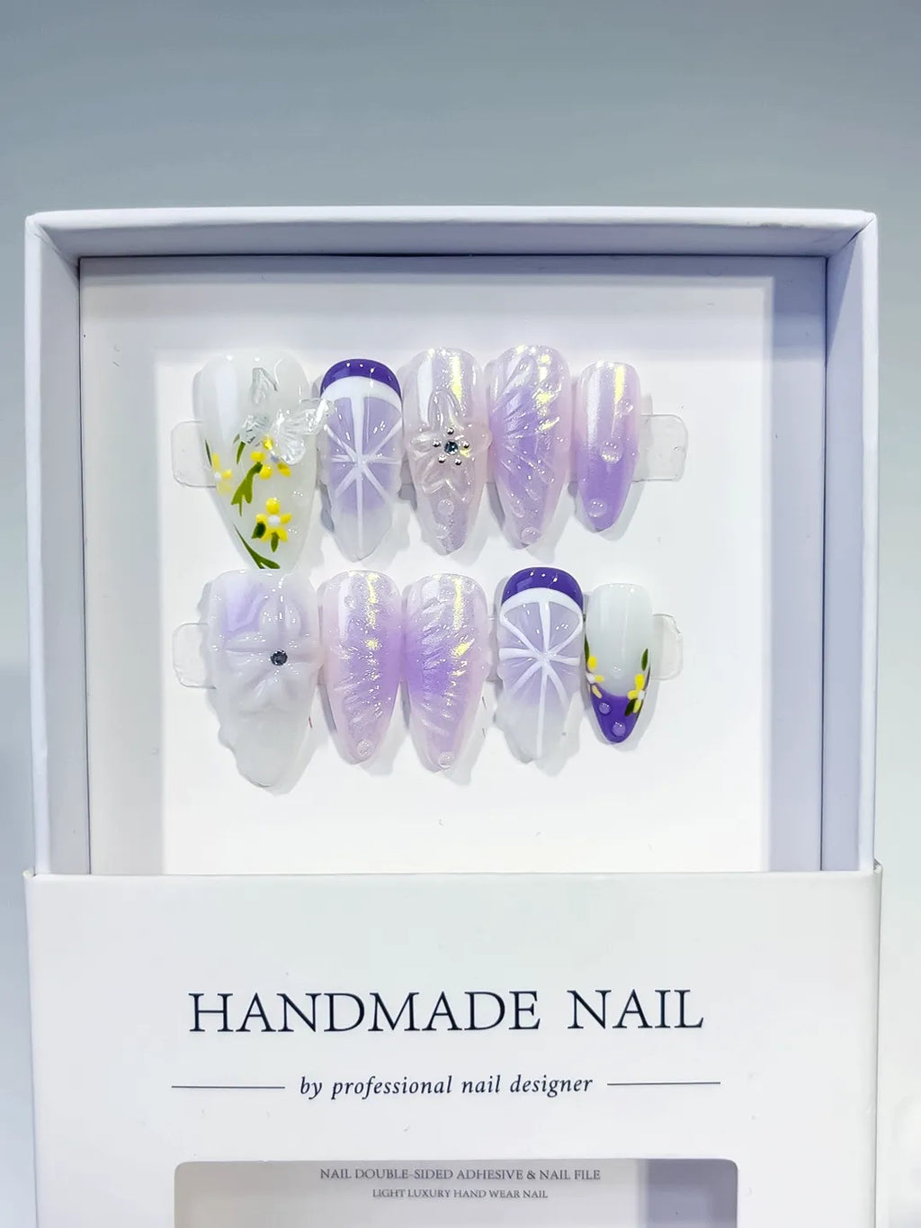 D517 - Medium White Purple Almond Holographic Flower Rhinestone
