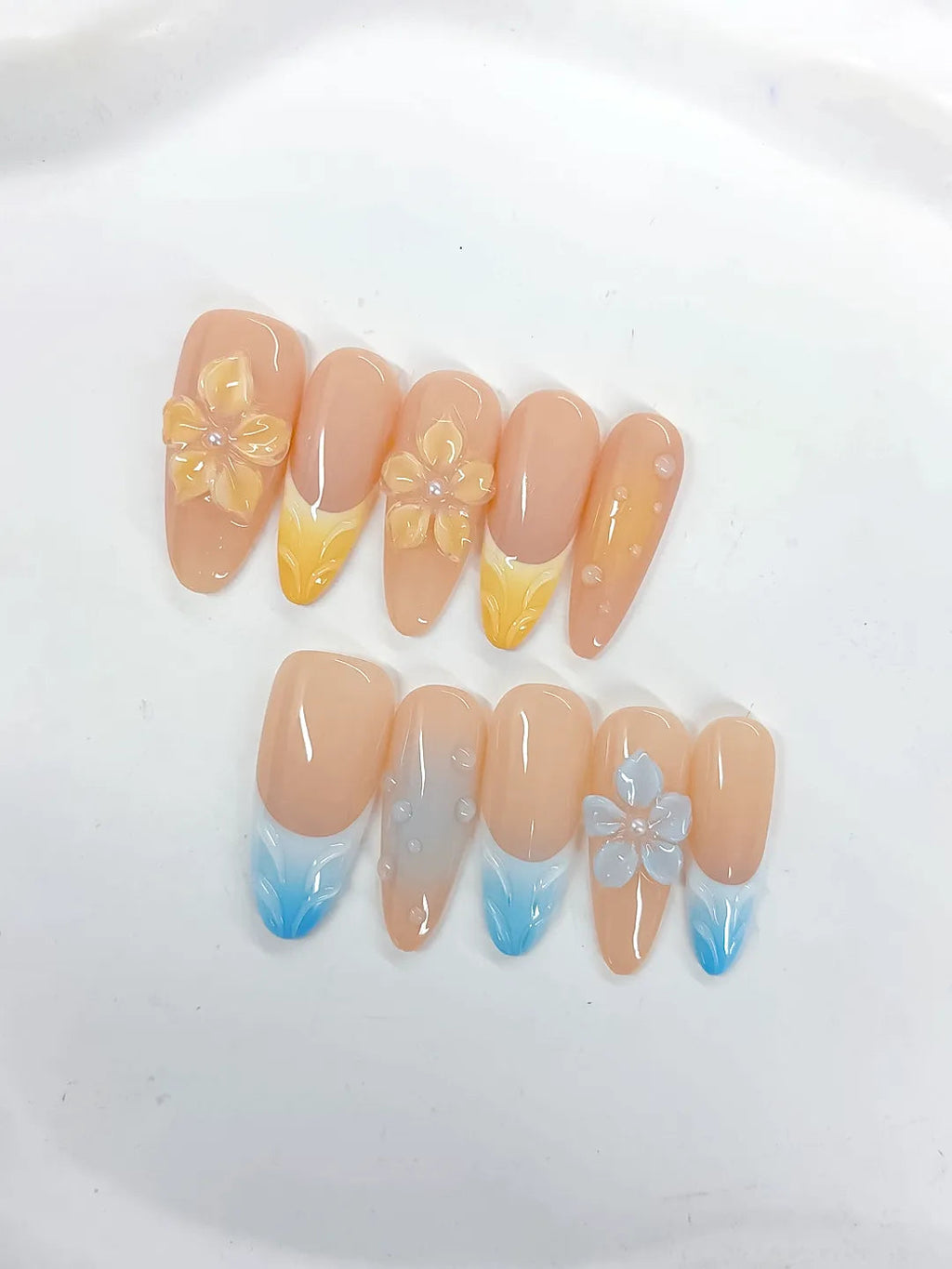 D518 - Long Nude Yellow Almond French tip Flower Pearl VibeNailsLab