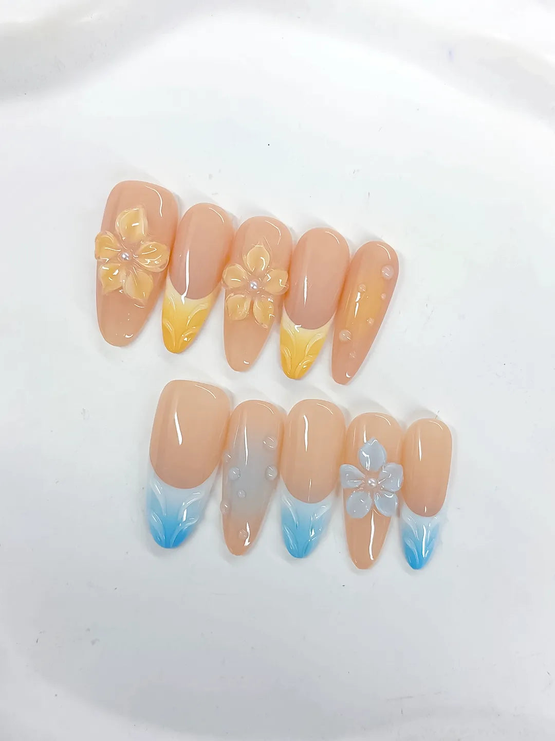 D518 - Long Nude Yellow Almond French tip Flower Pearl VibeNailsLab