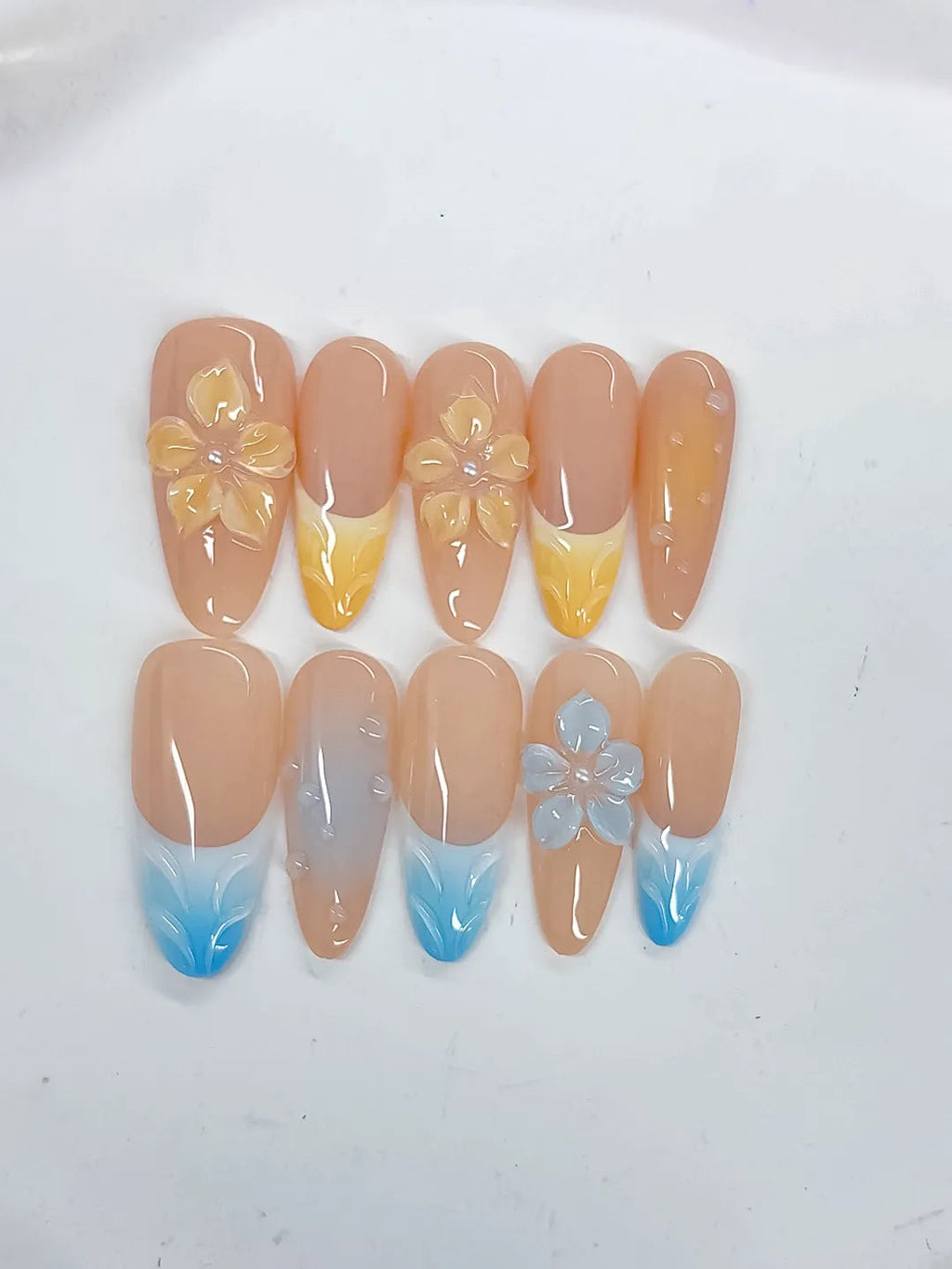 D518 - Long Nude Yellow Almond French tip Flower Pearl VibeNailsLab
