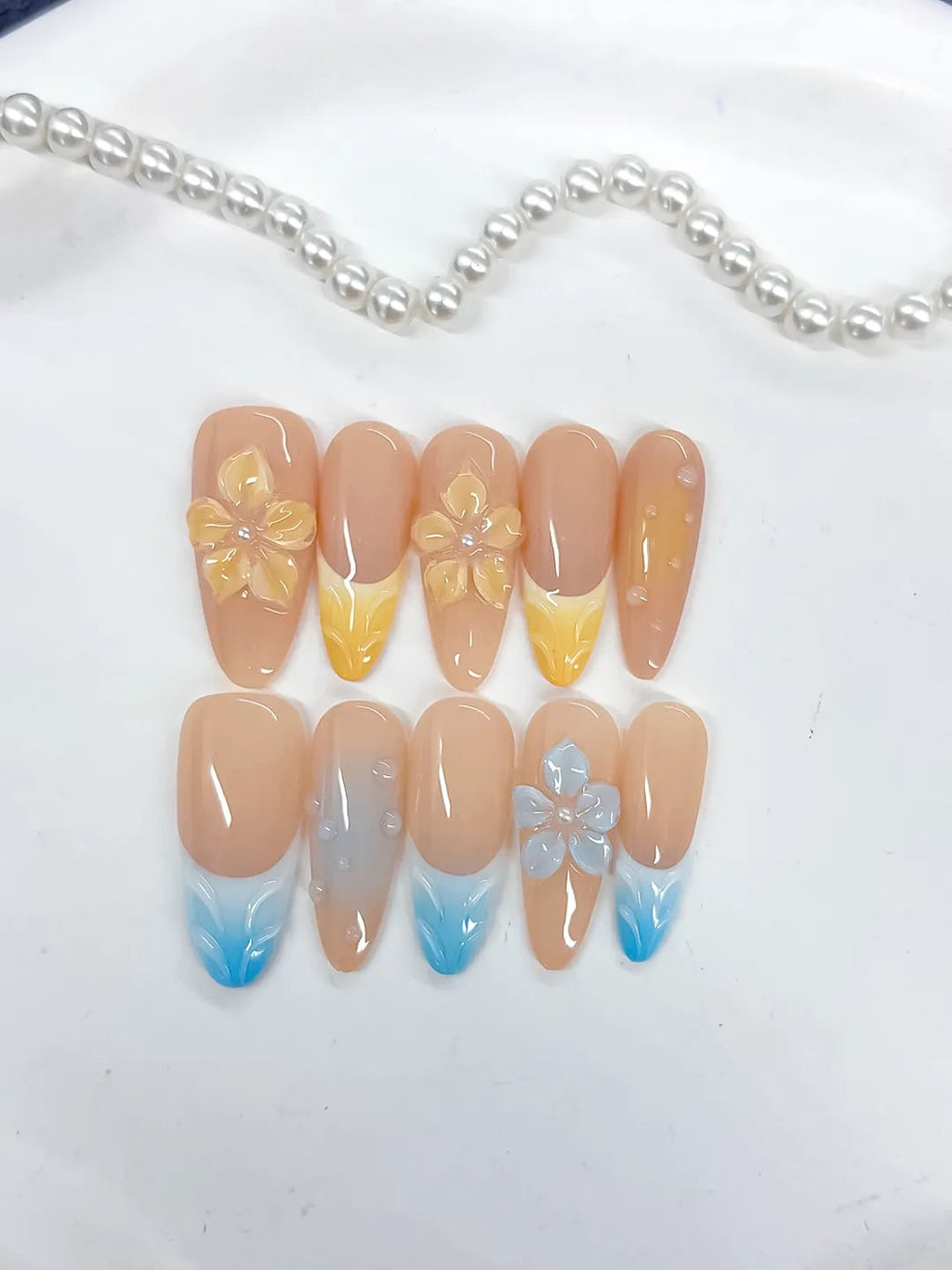 D518 - Long Nude Yellow Almond French tip Flower Pearl VibeNailsLab