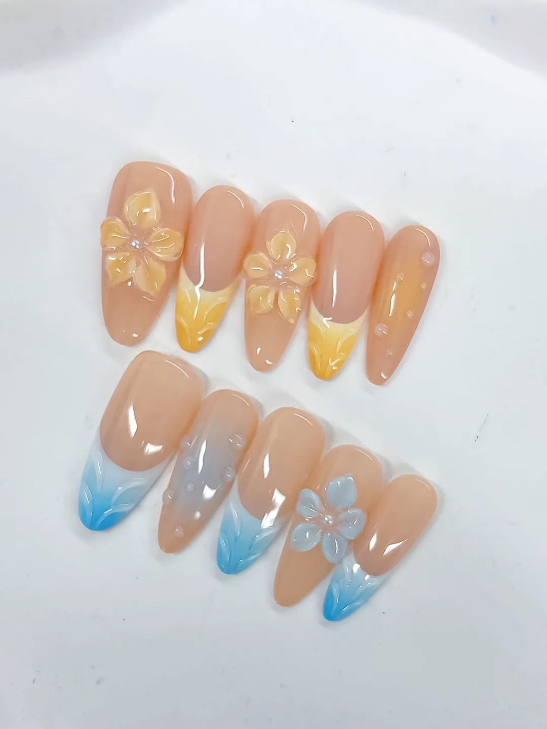 D518 - Long Nude Yellow Almond French tip Flower Pearl VibeNailsLab