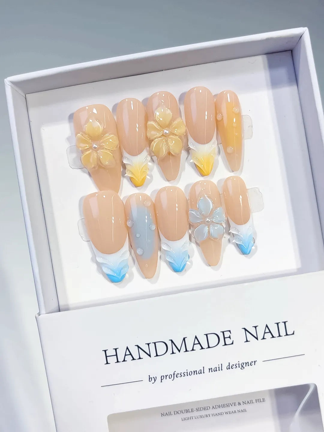 D518 - Long Nude Yellow Almond French tip Flower Pearl VibeNailsLab