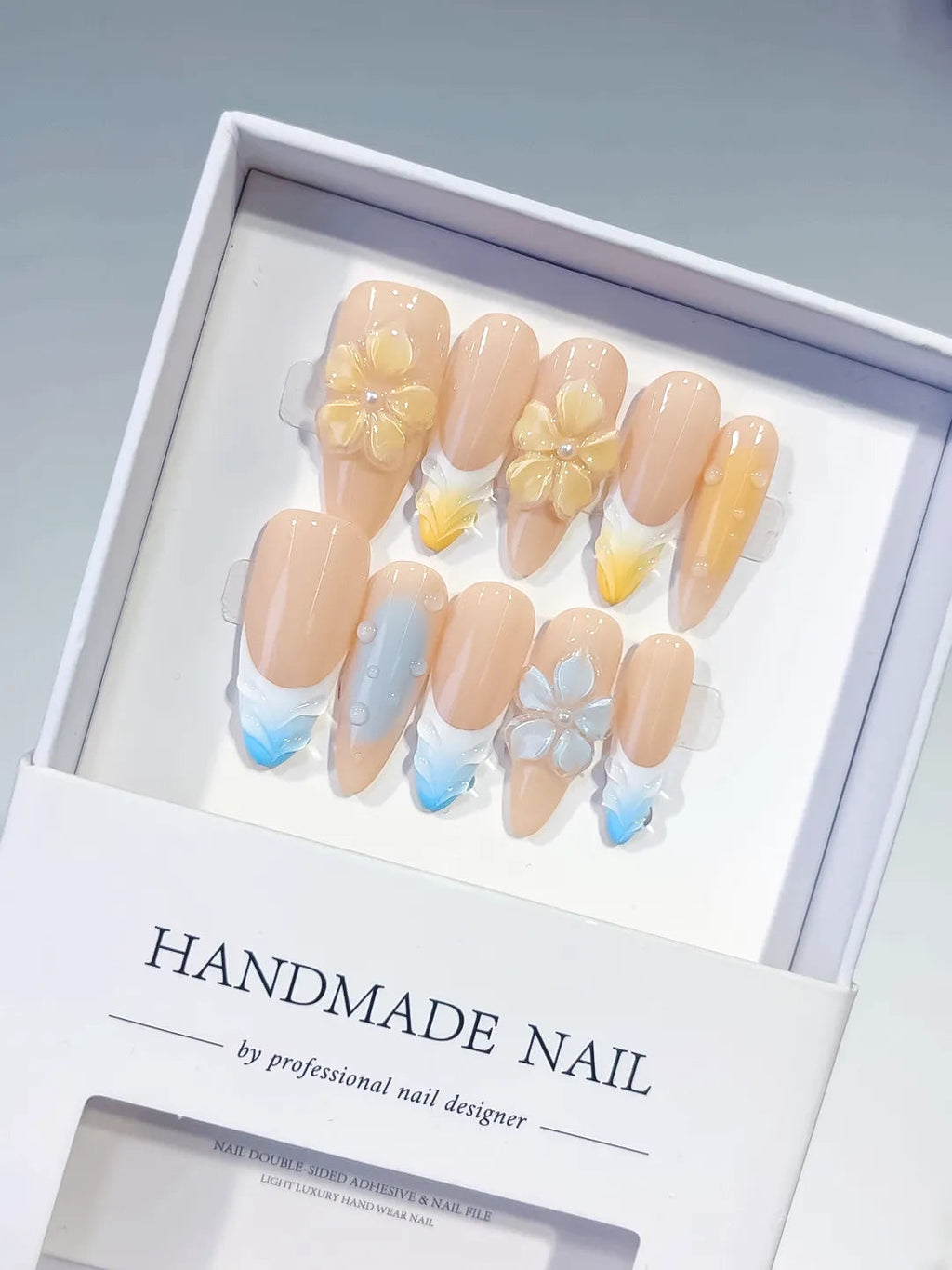 D518 - Long Nude Yellow Almond French tip Flower Pearl VibeNailsLab