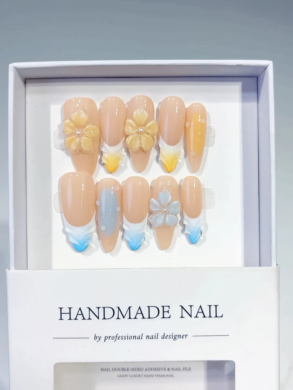 D518 - Long Nude Yellow Almond French tip Flower Pearl VibeNailsLab