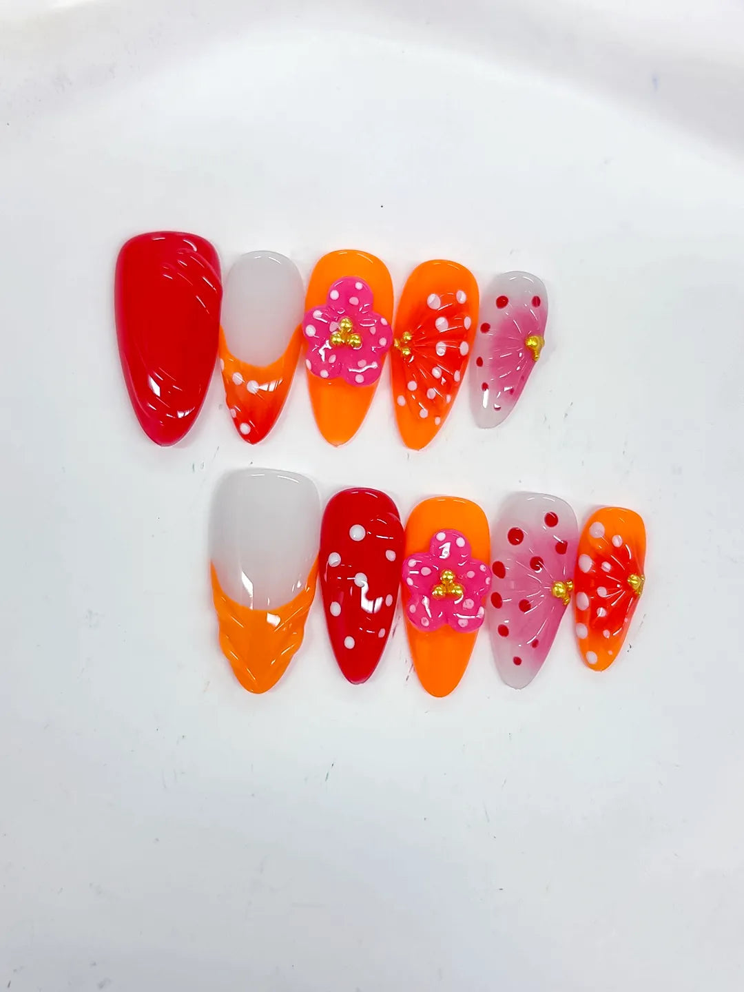 D519 - Medium Red Orange Almond Abstract Flower Dot Pattern VibeNailsLab