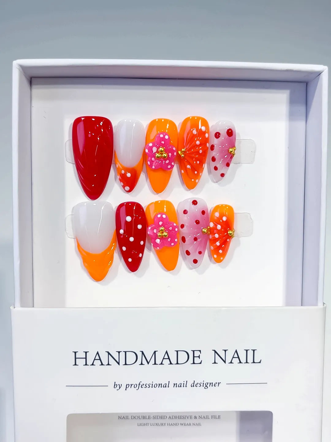 D519 - Medium Red Orange Almond Abstract Flower Dot Pattern VibeNailsLab