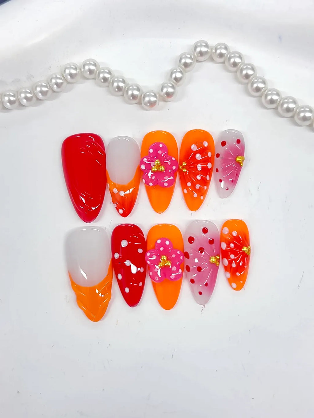 D519 - Medium Red Orange Almond Abstract Flower Dot Pattern