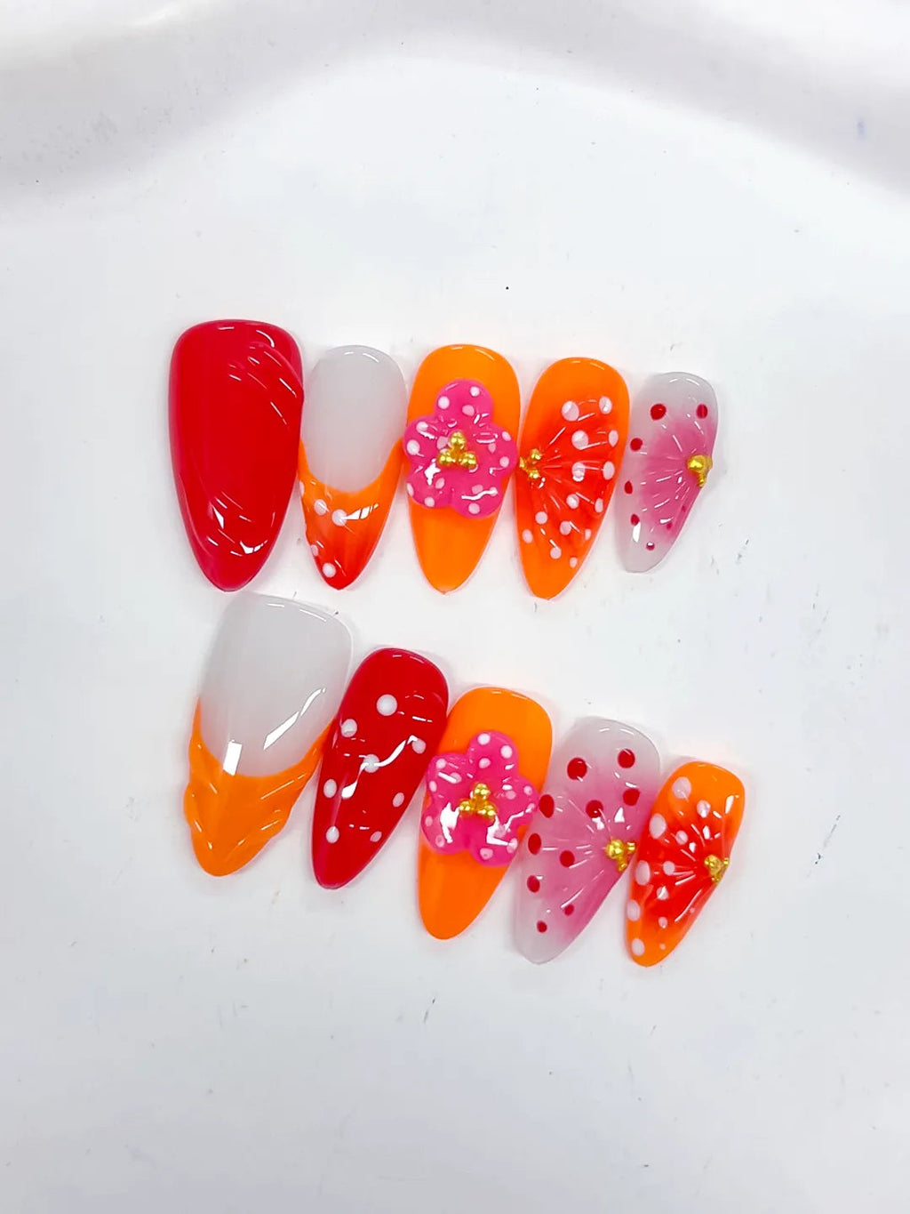 D519 - Medium Red Orange Almond Abstract Flower Dot Pattern VibeNailsLab