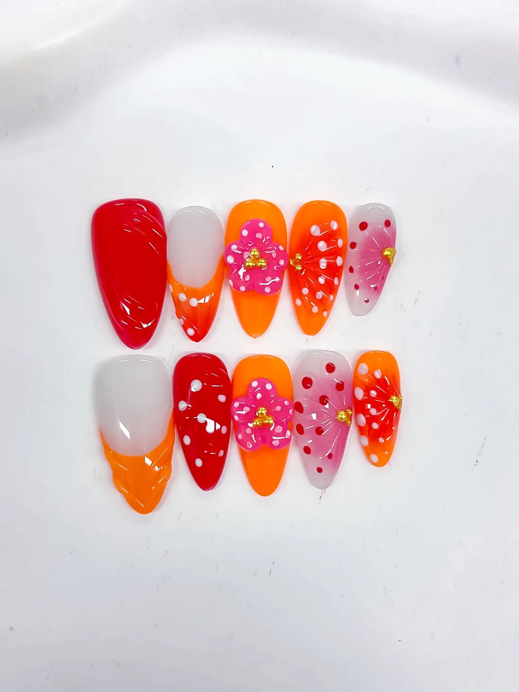 D519 - Medium Red Orange Almond Abstract Flower Dot Pattern
