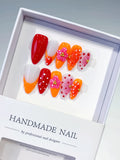 D519 - Medium Red Orange Almond Abstract Flower Dot Pattern VibeNailsLab