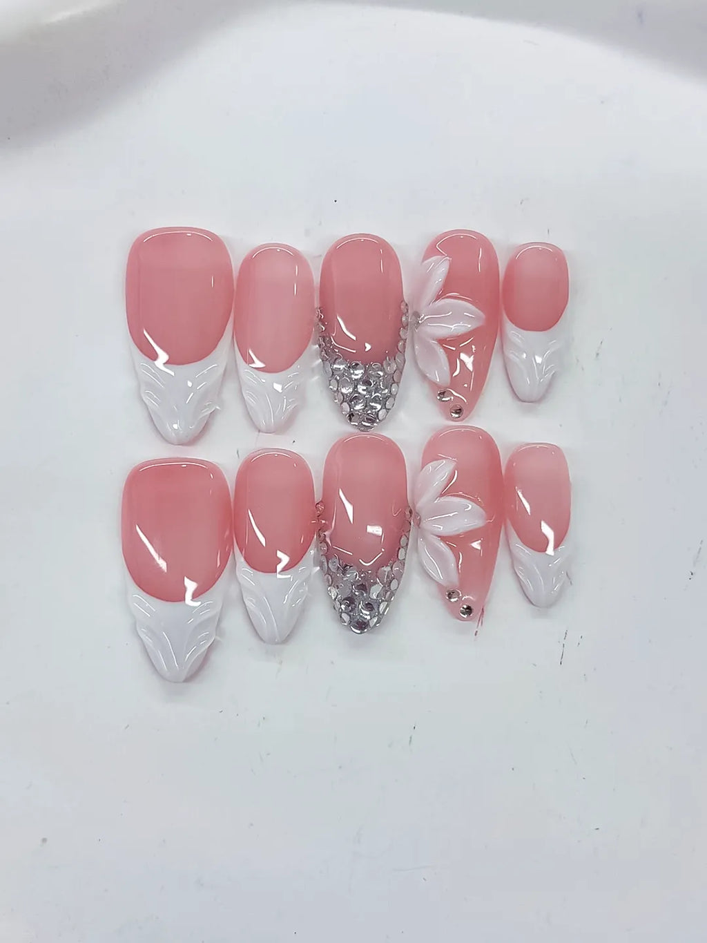 D523 - Medium Pink White Almond French tip Flower Rhinestone