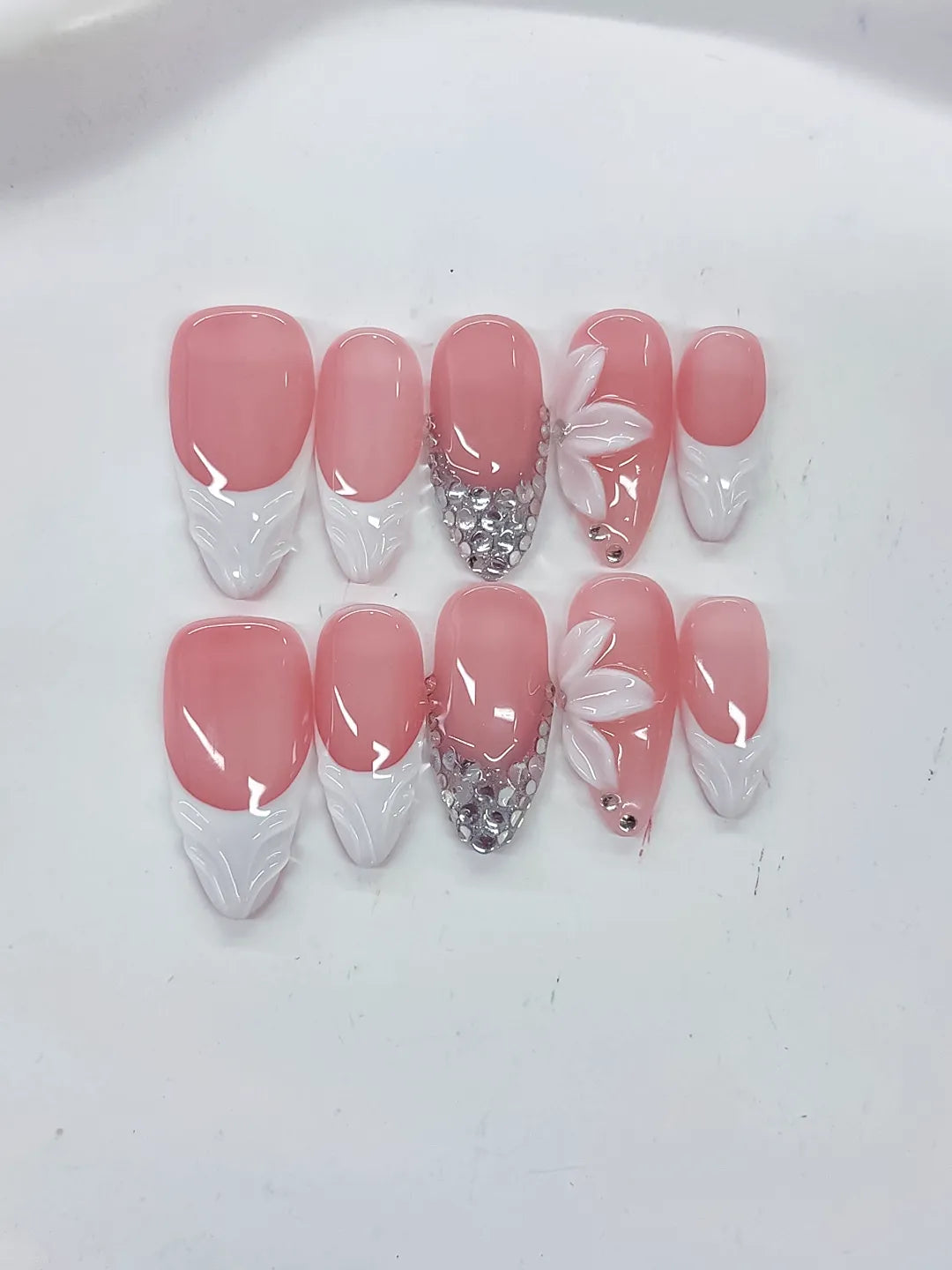 D523 - Medium Pink White Almond French tip Flower Rhinestone