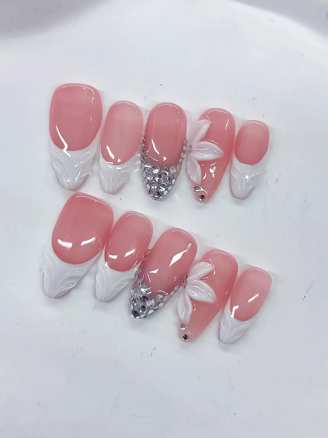 D523 - Medium Pink White Almond French tip Flower Rhinestone