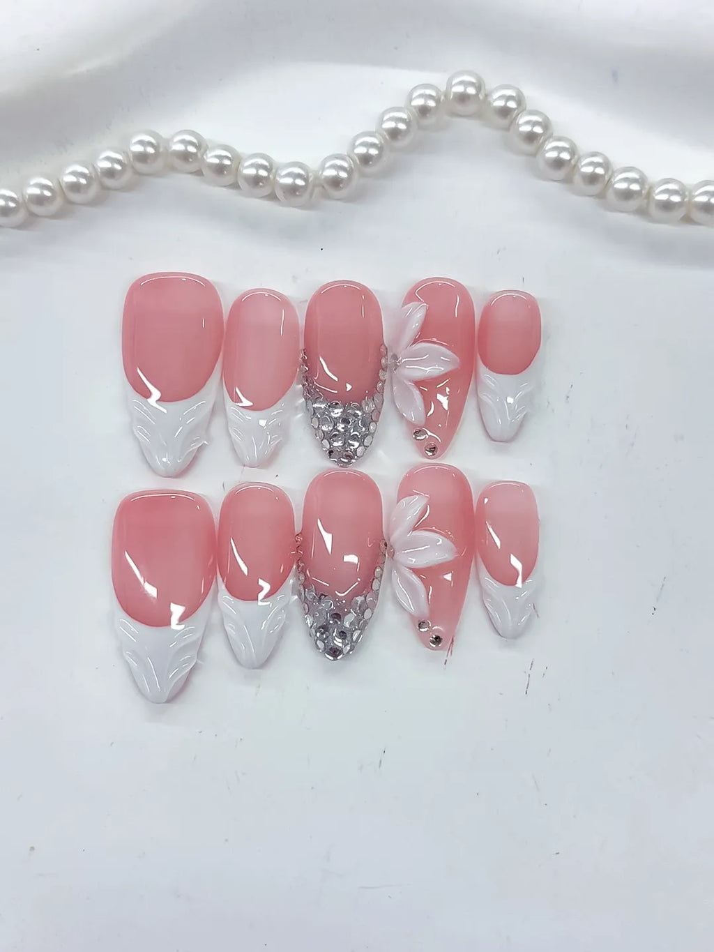 D523 - Medium Pink White Almond French tip Flower Rhinestone