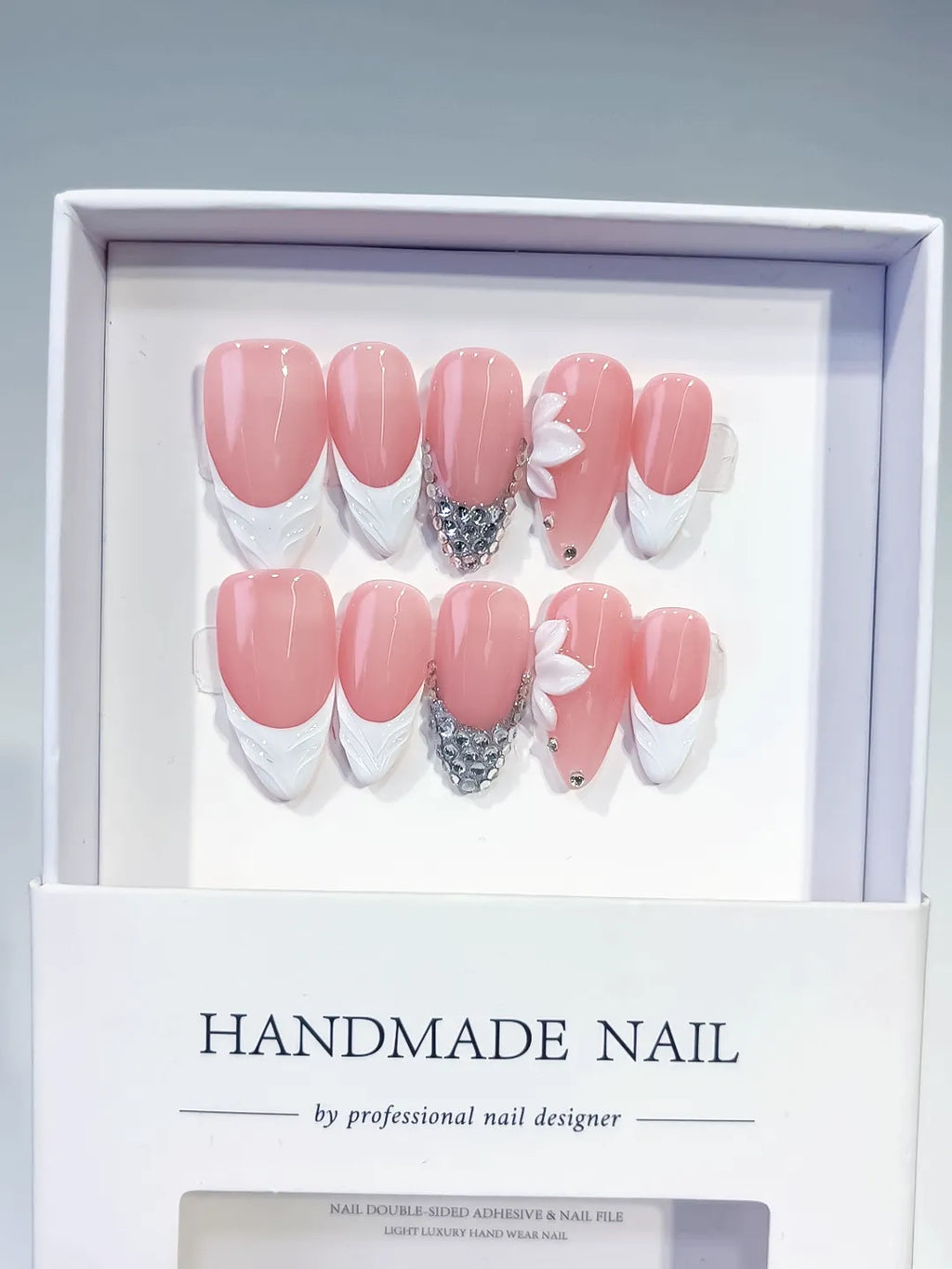 D523 - Medium Pink White Almond French tip Flower Rhinestone
