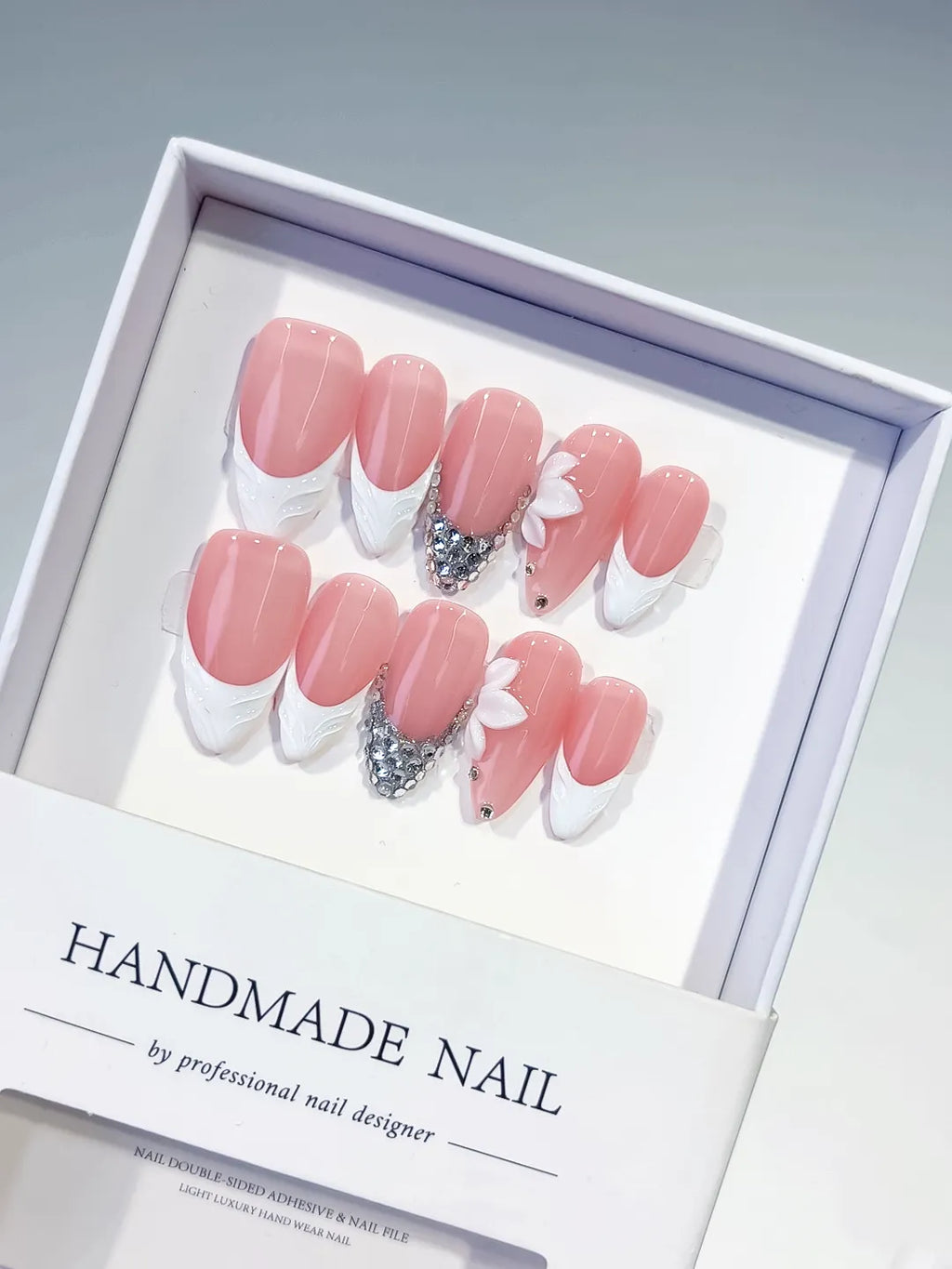 D523 - Medium Pink White Almond French tip Flower Rhinestone