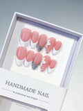 D523 - Medium Pink White Almond French tip Flower Rhinestone