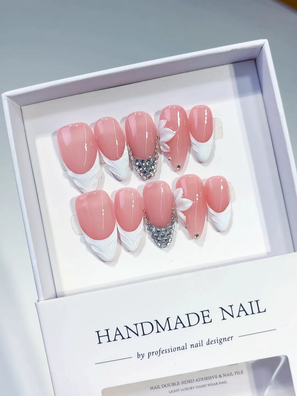 D523 - Medium Pink White Almond French tip Flower Rhinestone