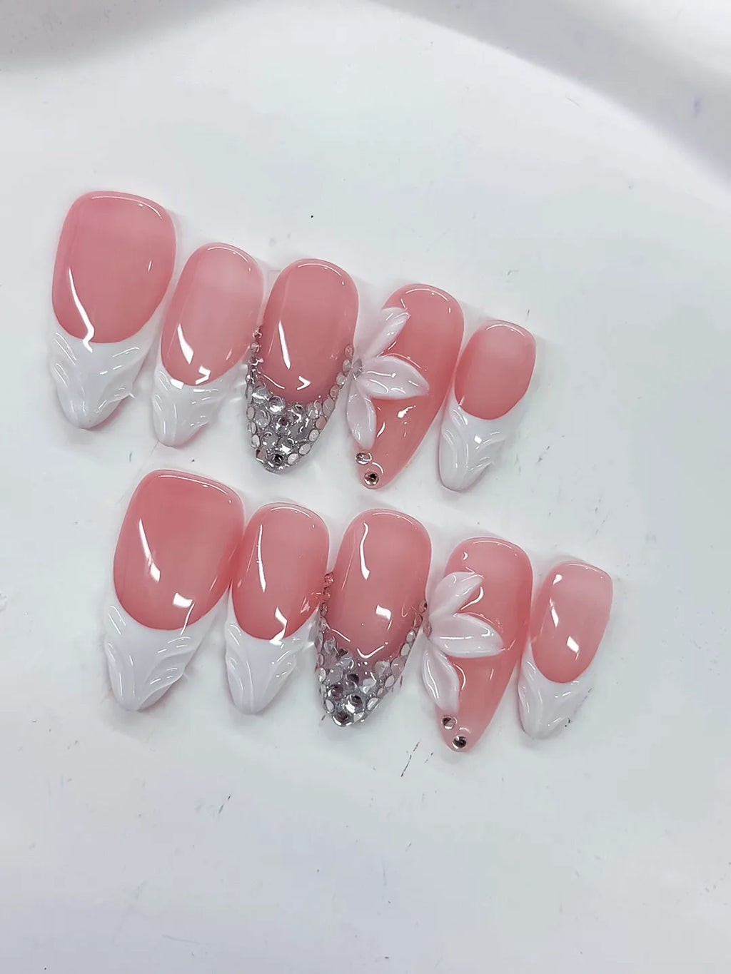 D523 - Medium Pink White Almond French tip Flower Rhinestone