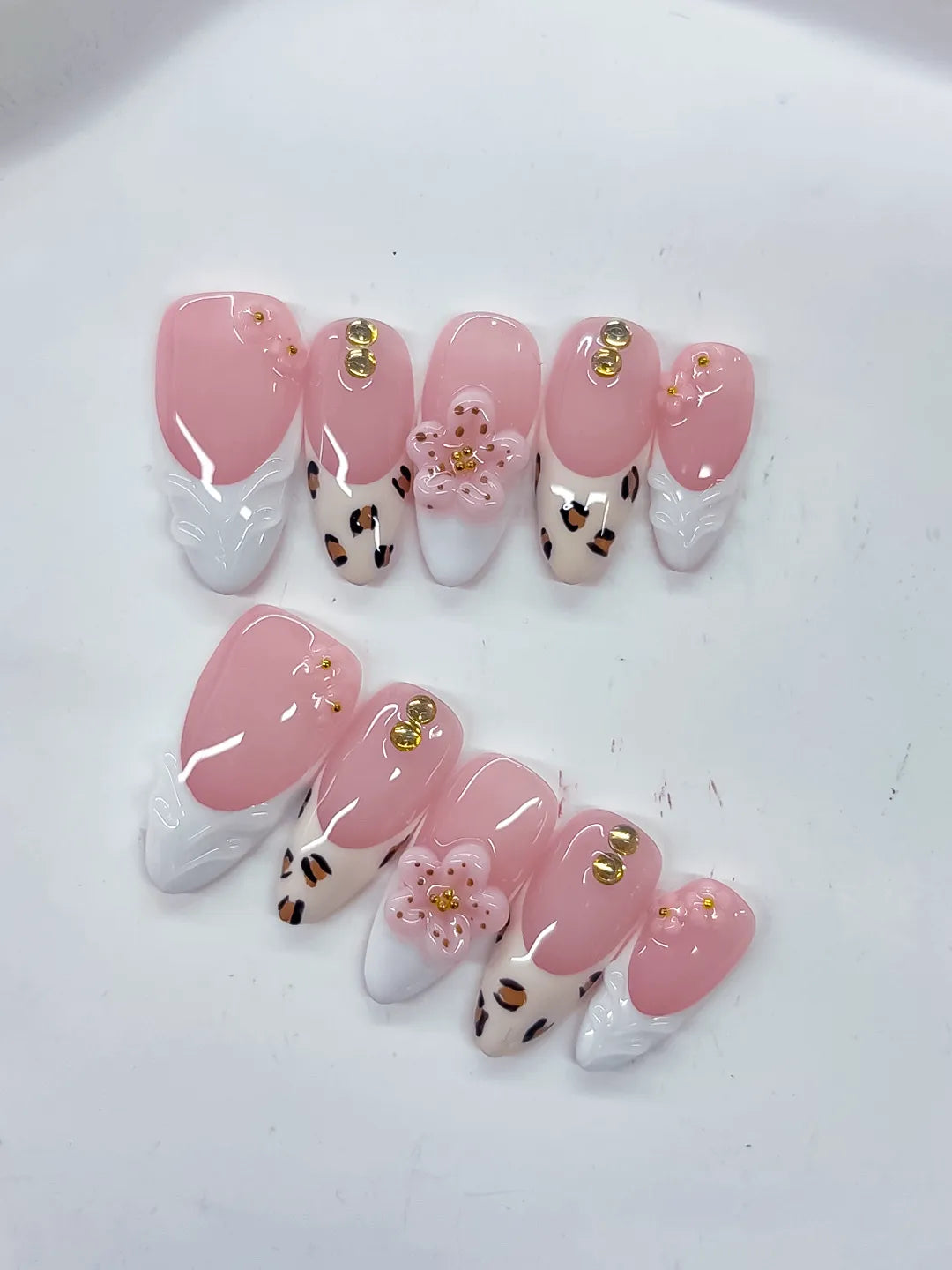 D524 - Medium Pink White Almond French tip Flower Animal Print VibeNailsLab