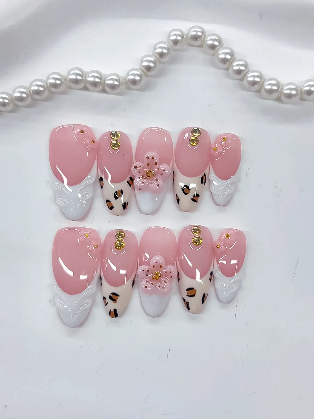 D524 - Medium Pink White Almond French tip Flower Animal Print