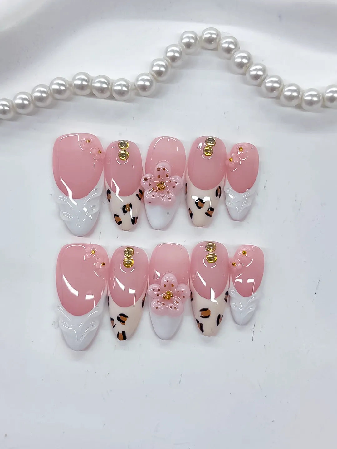 D524 - Medium Pink White Almond French tip Flower Animal Print