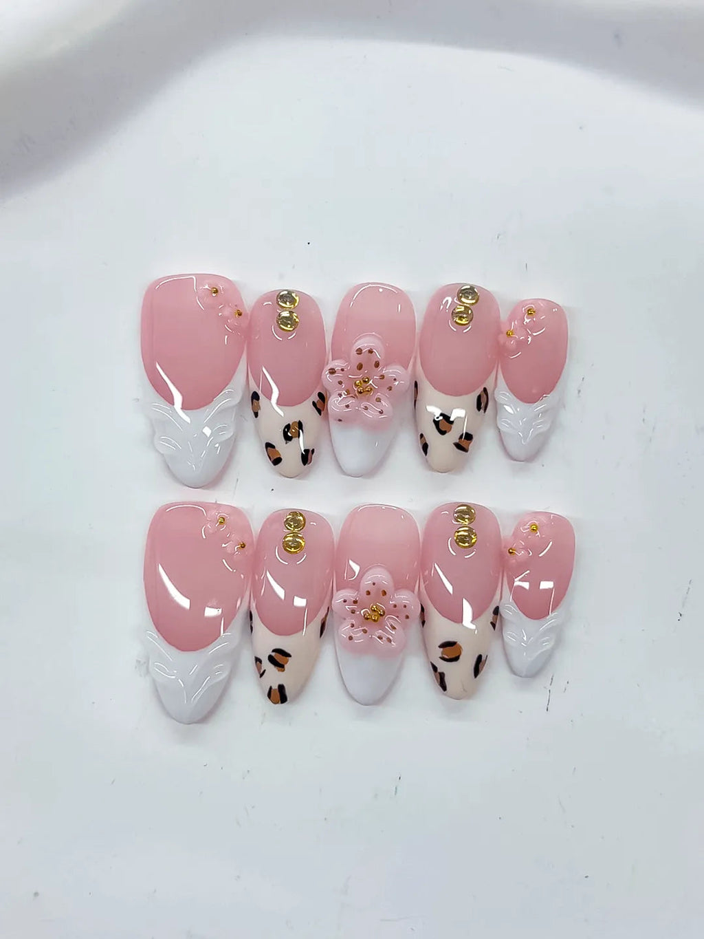 D524 - Medium Pink White Almond French tip Flower Animal Print VibeNailsLab