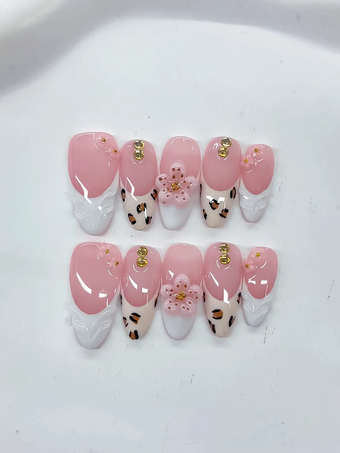 D524 - Medium Pink White Almond French tip Flower Animal Print VibeNailsLab