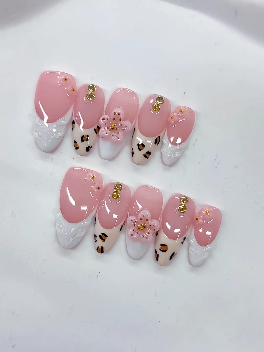 D524 - Medium Pink White Almond French tip Flower Animal Print