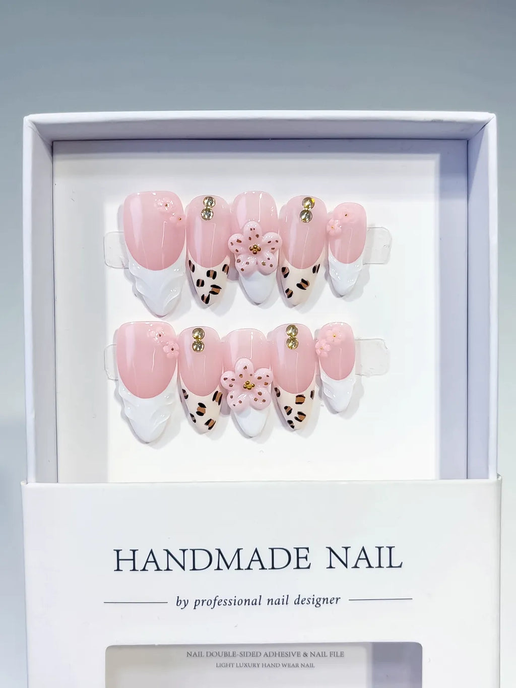 D524 - Medium Pink White Almond French tip Flower Animal Print