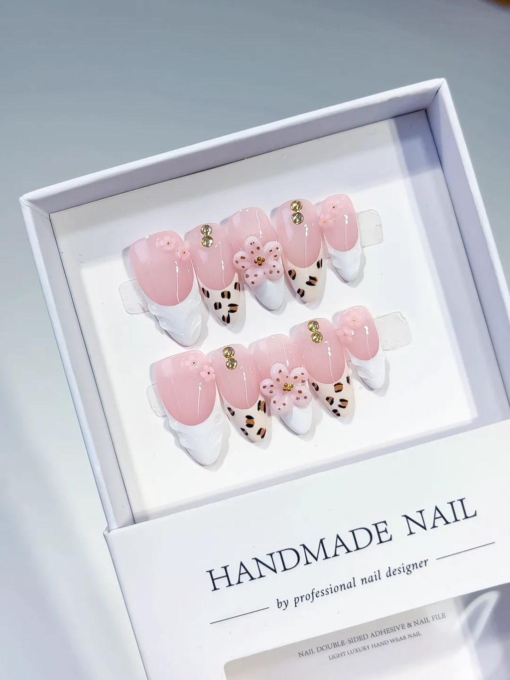 D524 - Medium Pink White Almond French tip Flower Animal Print